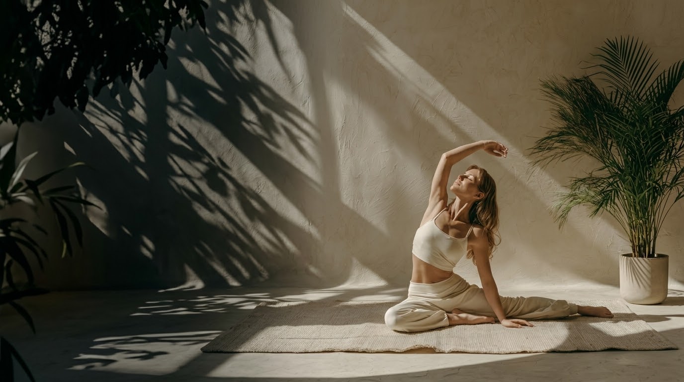 Femme apaisée en étirement doux dans une pièce baignée de lumière chaude — photo d’illustration